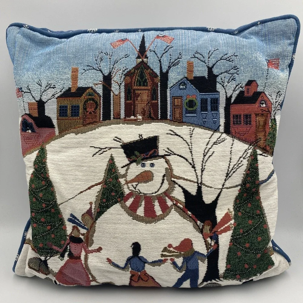 Christmas Tapestry Throw Pillow Country Snowman Decor Farm Town Home 16x16 Trees